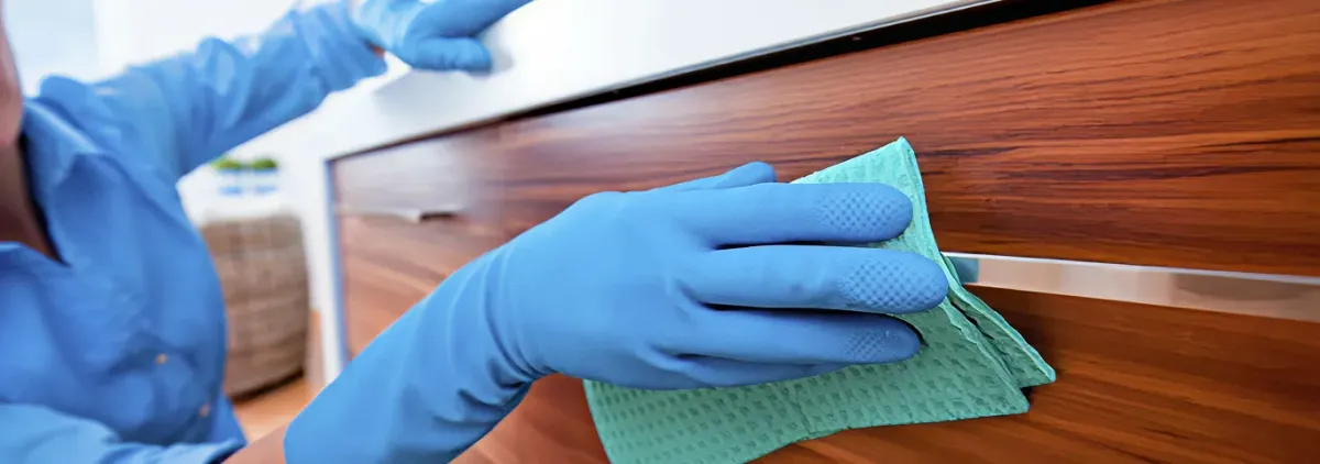 Cleaner wearing blue gloves wiping a wooden cabinet drawer with a microfiber cloth for dust and grime removal, Colorado Springs, CO.
